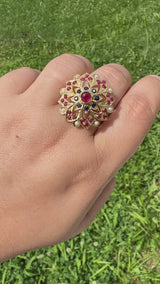 Ruby, sapphire and pearls ring in gold plated silver - adjustable ( READY TO SHIP )