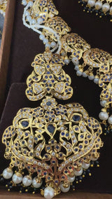 DNS204 Neeli jadau necklace with earrings tika in sapphire zircon(READY TO SHIP  )
