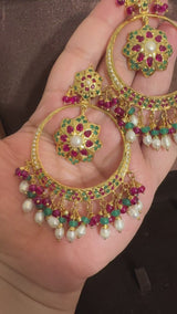 SER21 Ruby emerald pearl gold plated silver chandbali earrings ( READY TO SHIP )