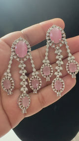 DER622  cz earrings   - pink , silver plated  ( READY TO SHIP )