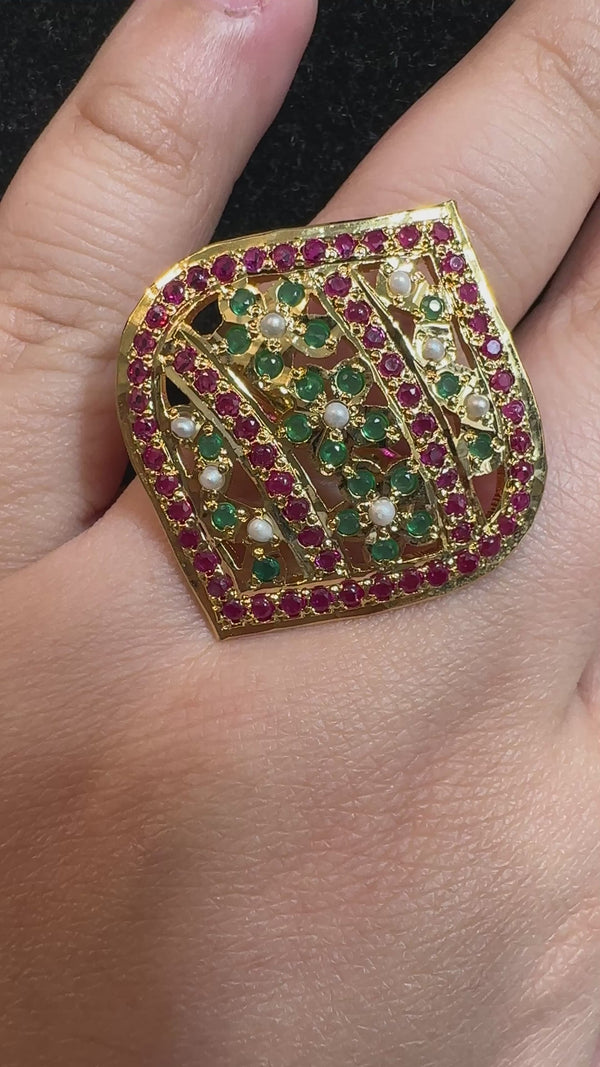 Ruby & Emerald Statement Ring – Gold-Plated Silver Brilliance ( READY TO SHIP )