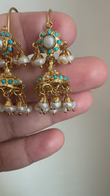 Gold-Plated Silver Turquoise & Freshwater Pearl Jhumka Earrings ( READY TO SHIP )