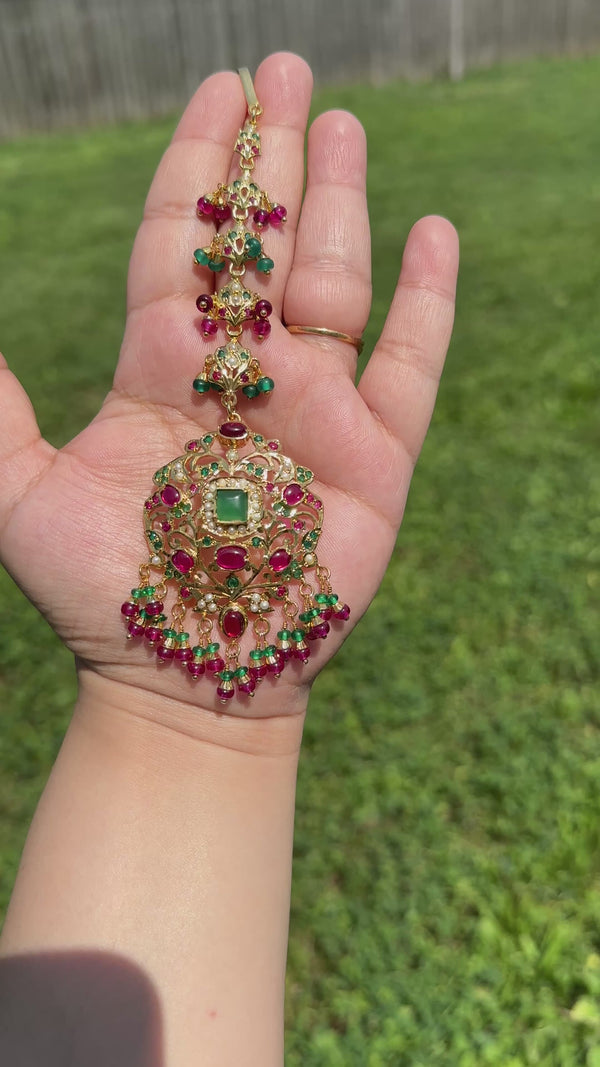 Grand Bridal Tika in Ruby, Emerald & Pearls – Gold Plated on 92.5 Silver ( READY TO SHIP )