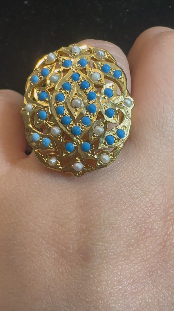 Turquoise & Pearl Ring – Gold-Plated Silver Elegance in Feroza ( READY TO SHIP )