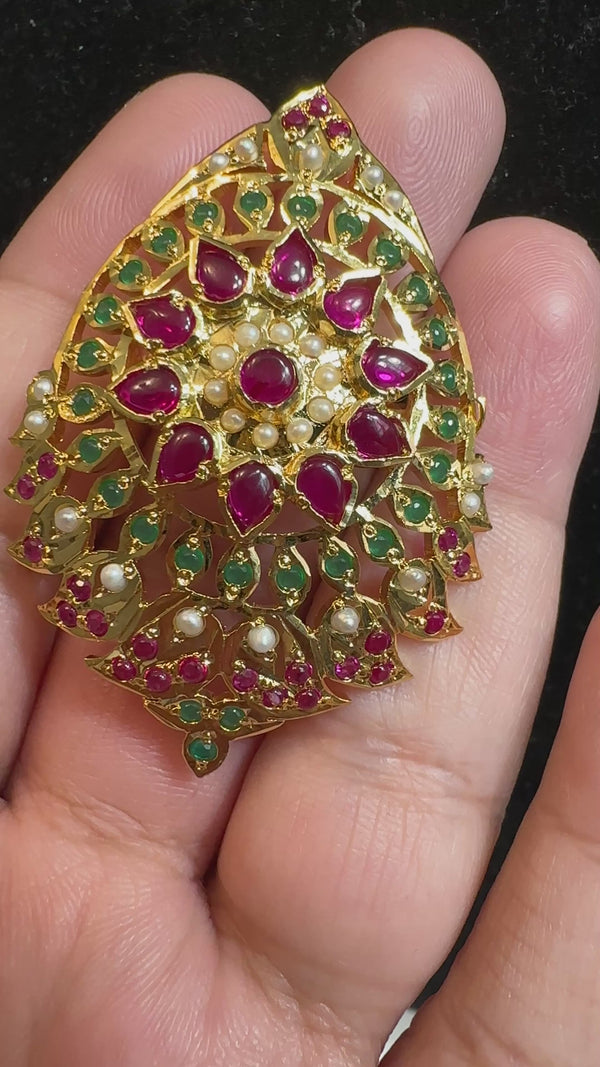Ruby, Emerald & Pearl Ring – Gold-Plated Silver Statement Piece ( READY TO SHIP )