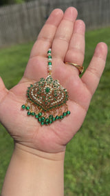 Gold-Plated Silver Tika with Freshwater Pearls & Natural Emerald Beads – Bridal Elegance in 92.5 Silver ( READY TO SHIP )