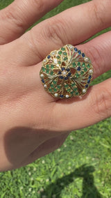 Emerald & Sapphire Delicate Gold-Plated Ring – Adjustable | 92.5 Silver & Freshwater Pearls ( READY TO SHIP )