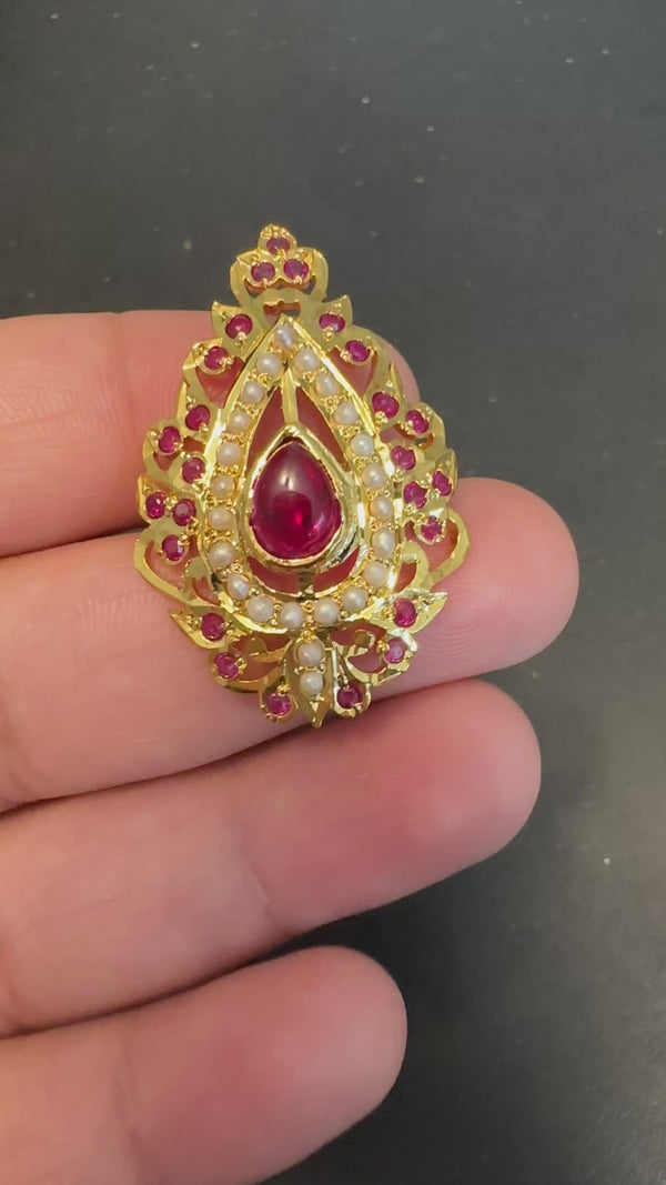 Gold-Plated Jadau Ring in 92.5 Silver with Freshwater Pearls & Synthetic Rubies – Adjustable ( READY TO SHIP )