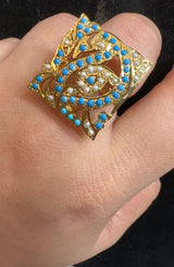Turquoise & Pearl Gold-Plated Silver Ring – Square Statement Elegance ( READY TO SHIP )