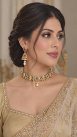 Multicolor Gold-Plated Silver Choker & Jhumka Earrings ( READY TO SHIP )