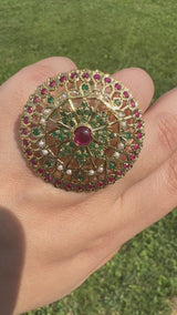 ✨ Statement Gold-Plated Silver Ring – Ruby, Emerald & Freshwater Pearls ( READY TO SHIP )