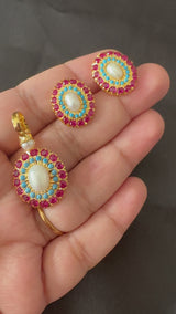 Gold plated jadau silver pendant set in ruby turquoise  ( SHIPS IN 4 WEEKS )