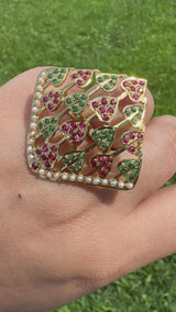 92.5 silver gold plated finger ring in ruby emerald and pearls ( READY TO SHIP )
