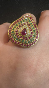 Ruby, Emerald & Pearl Heart-Shaped Ring – Gold-Plated Silver Elegance ( READY TO SHIP )