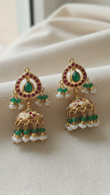 Ruby Emerald Pearl Jhumkas in 92.5 Silver (Gold-Plated) ( READY TO SHIP )