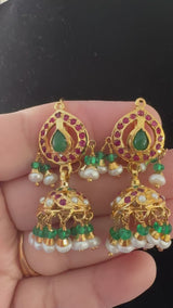Ruby Emerald Pearl Jhumkas in 92.5 Silver (Gold-Plated) ( READY TO SHIP )