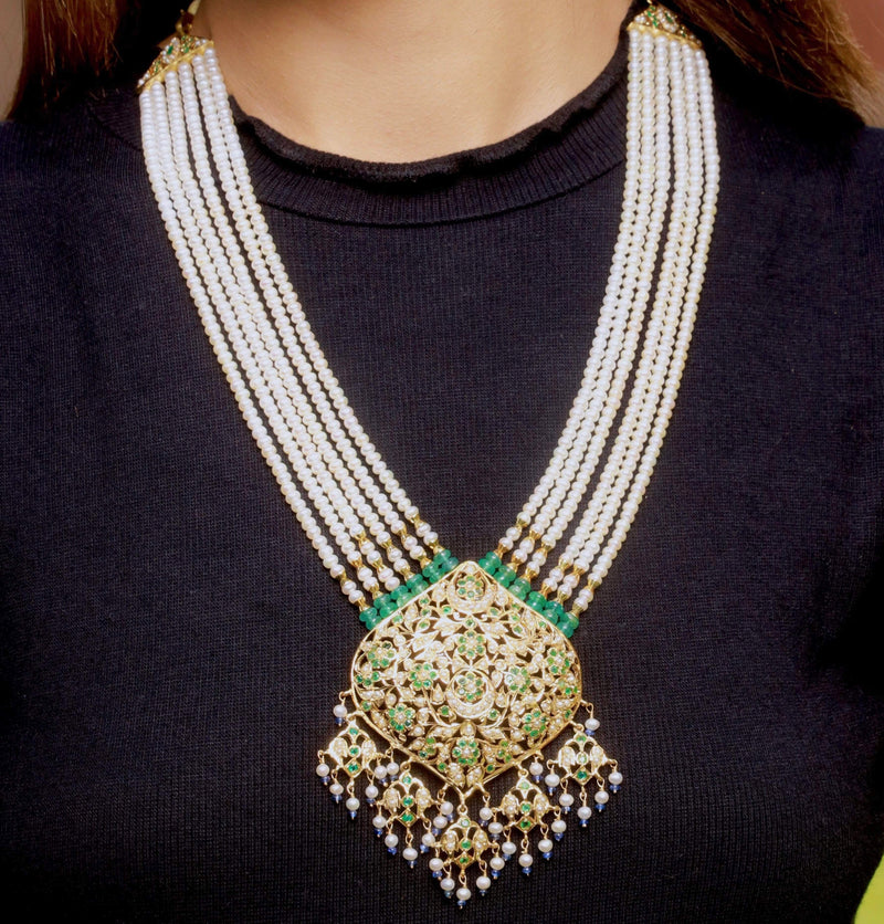 Emerald Sapphire Jadau Rani Haar Necklace Set in Gold Plated Silver NS 071