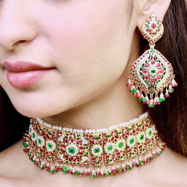 Multicolored Traditional Punjabi Jadau Choker Necklace Set in Gold Plated Silver NS 067