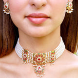 Multicolor Jadau Choker Set in Gold Plated Silver NS 088