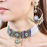 Multicolored Jadau Choker Necklace with Chandbali Earrings in Gold Plated Silver NS 101