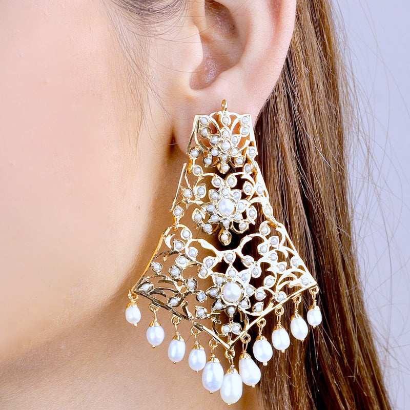 Statement Jadau Earrings with All Pearls in Gold Plated Silver ER 221
