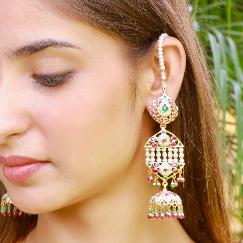 Ruby emerald Pearl Jadau earrings  in Gold Plated Silver ER 238
