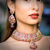 Multicolored Jadau Bridal Necklace Set in Gold Plated Silver NS 049