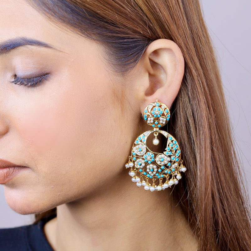 Pearl and Turquoise Jadau Earrings in Gold Plated Silver ER 306