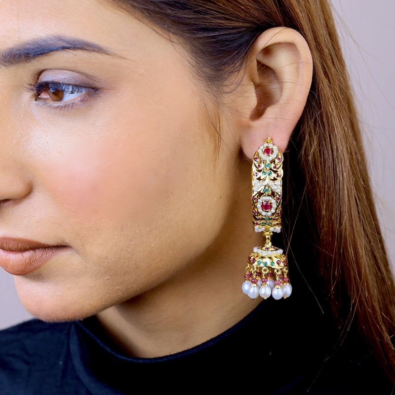 Multicolored Jadau Jhumka Earrings in Gold Plated Silver ER 160