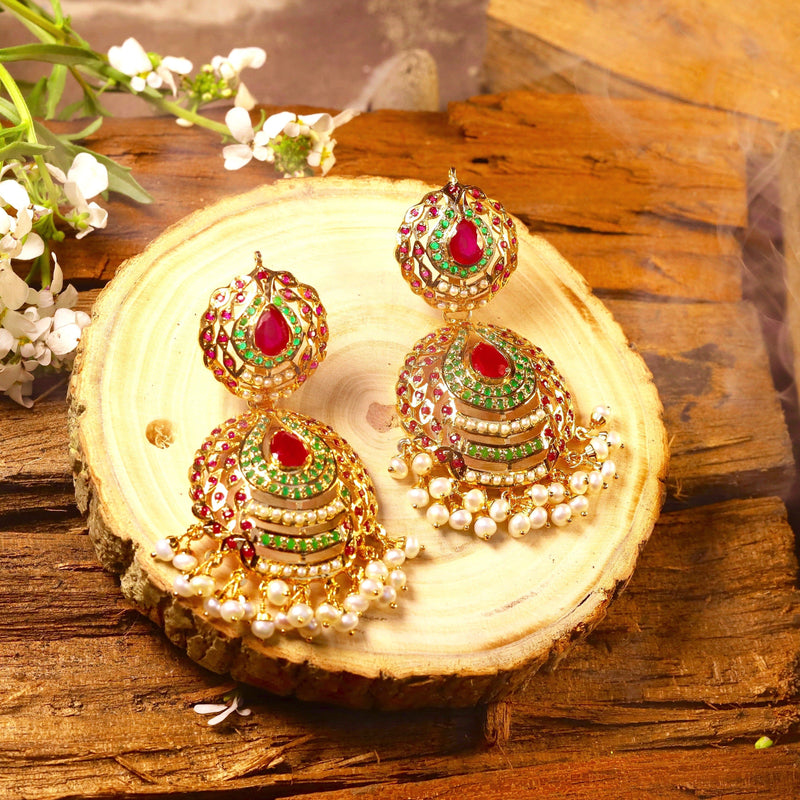 Multicolored Jadau Chandbali Earrings in Gold Plated Silver ER 129