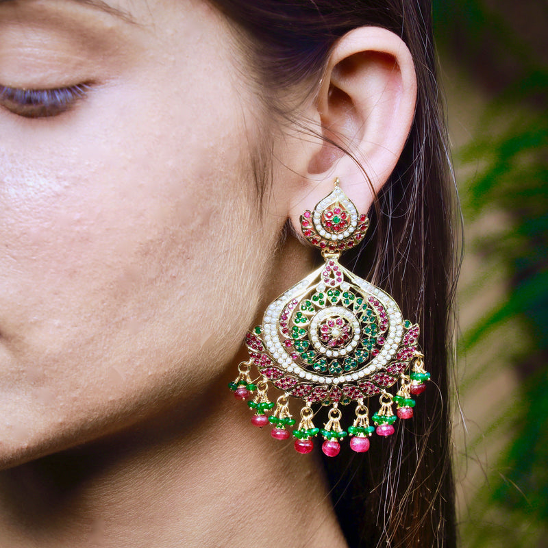 Ethnic Multicolored Jadau Oversized Earrings in Gold Plated Silver ER 200