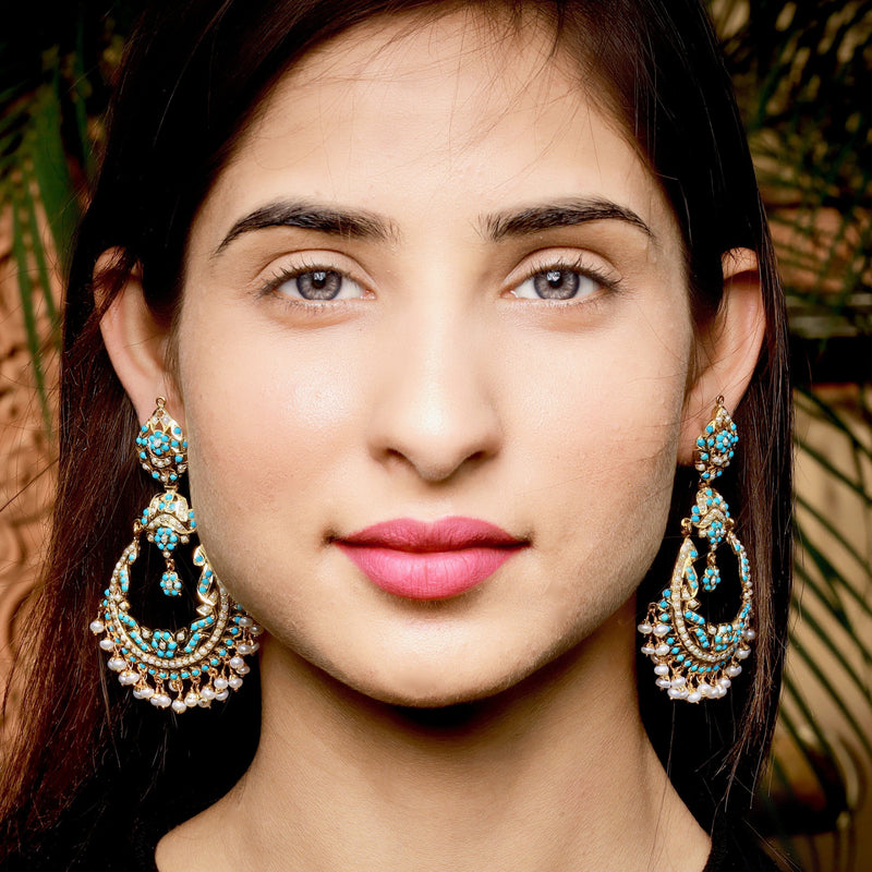 Pearl-Turquoise Jadau Chandbali Earrings in Gold Plated Silver ER 169
