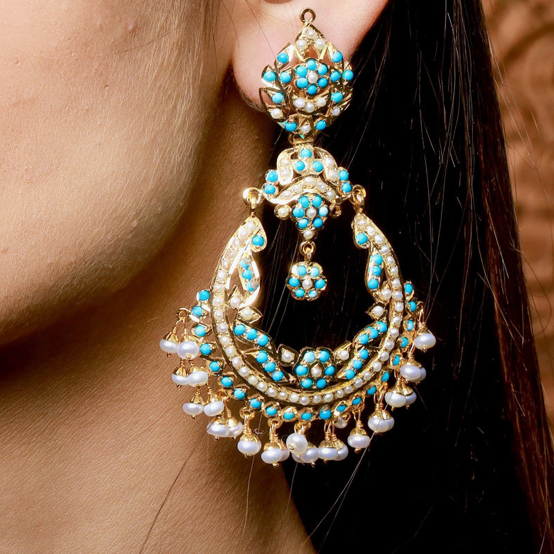 Pearl-Turquoise Jadau Chandbali Earrings in Gold Plated Silver ER 169