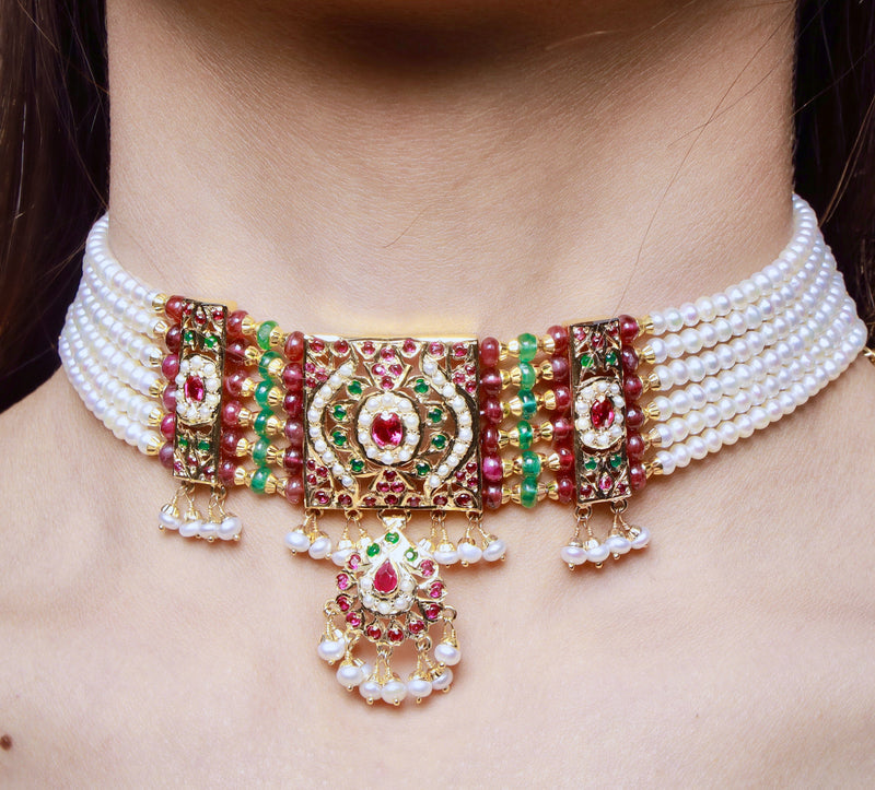 Multicolored Jadau Choker Necklace in Gold Plated Silver NS 060