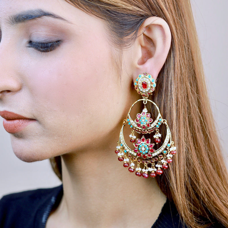 Multicolored Jadau Chandbali Earrings in Gold Plated Silver ER 327