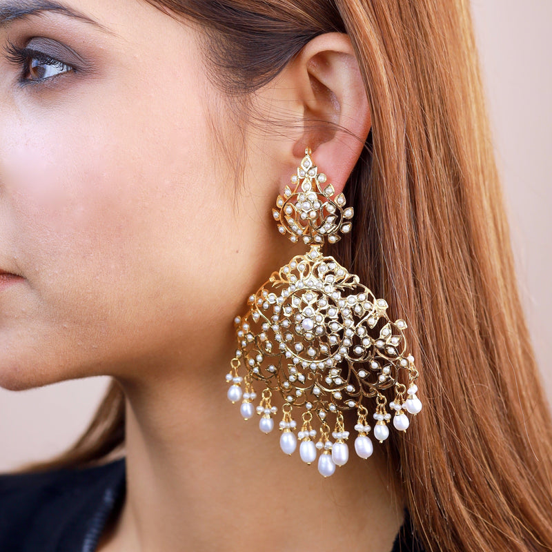 Pearl Jadau Statement Earrings in Gold Plated Silver ER 222