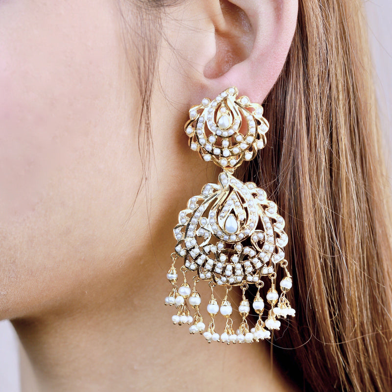 Jadau Chandbali Earrings with All Pearls in Gold Plated Silver ER 217