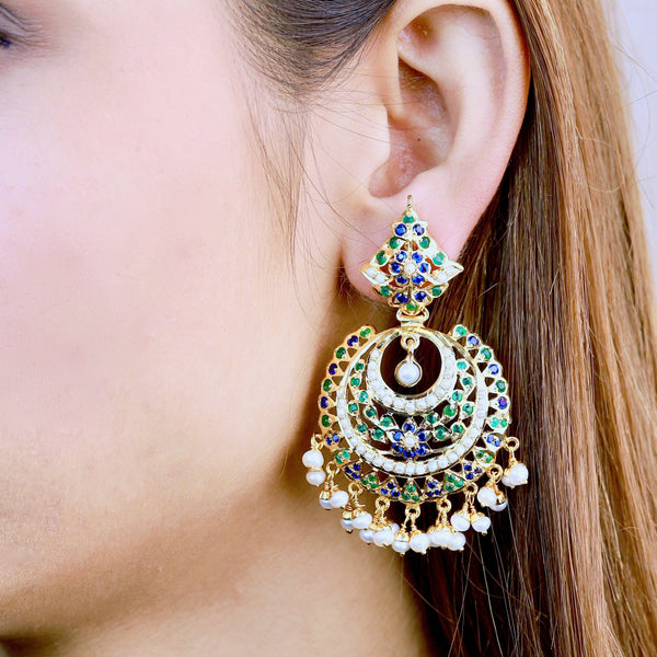 Temple Jewellery - 22K Gold Drop Earrings (Chandbali) With Cz, Ruby ,  Emeralds & Japanese Cultu - 235-GER12885 in 12.200 Grams