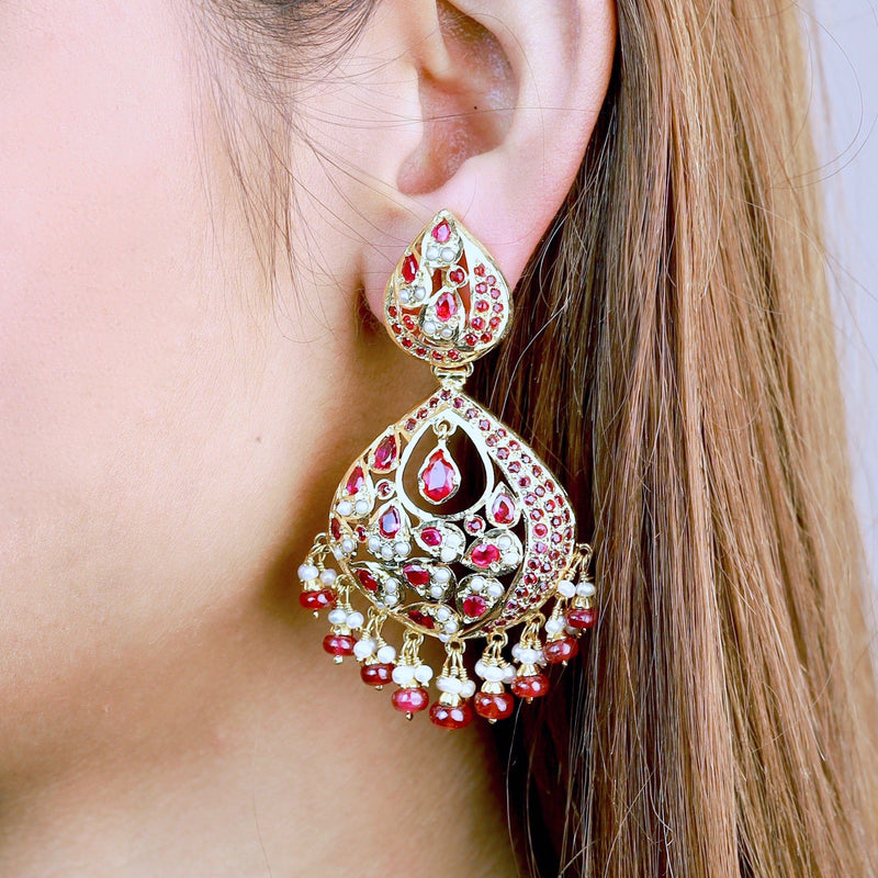 Ruby Pearl Jadau Chandbali Earrings in Gold Plated Silver ER 330