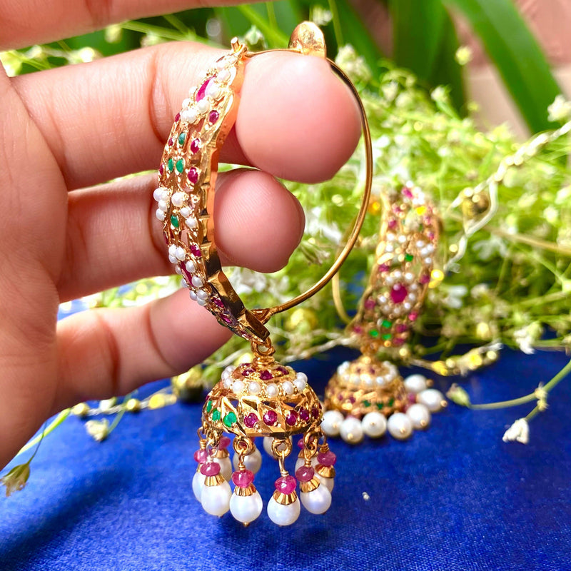 Multicolored Jadau Jhumka Earrings in Gold Plated Silver ER 160