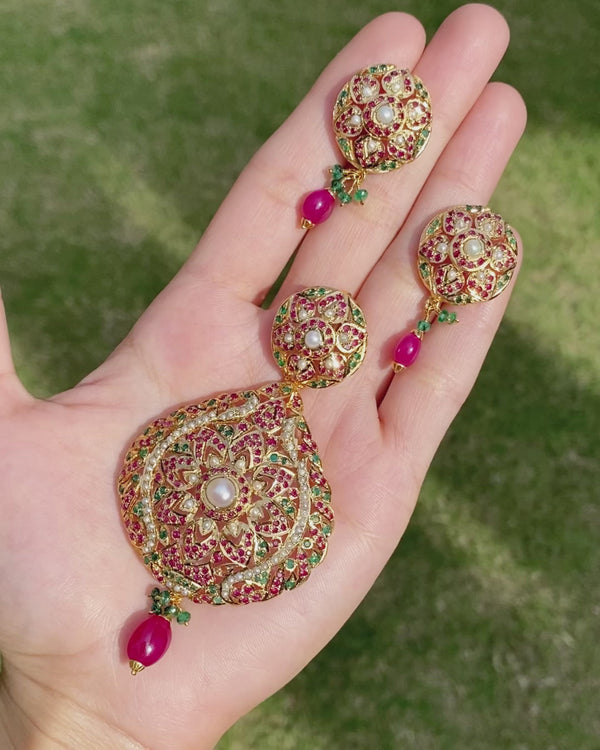 Ruby Emerald Pearl Pendant Set in Gold Plated Silver PS 017