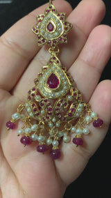 Ruby Pearl Jadau Dangler Earrings in Gold Plated Silver ER 018