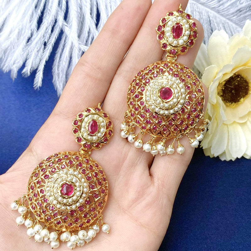 Gold Plated Round Long Pearl Earrings with Jhumka - Bevy Pearls