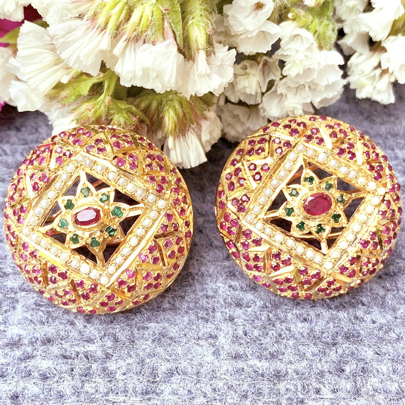 Multicolored Jadau Stud Earrings in Gold Plated Silver ER 190