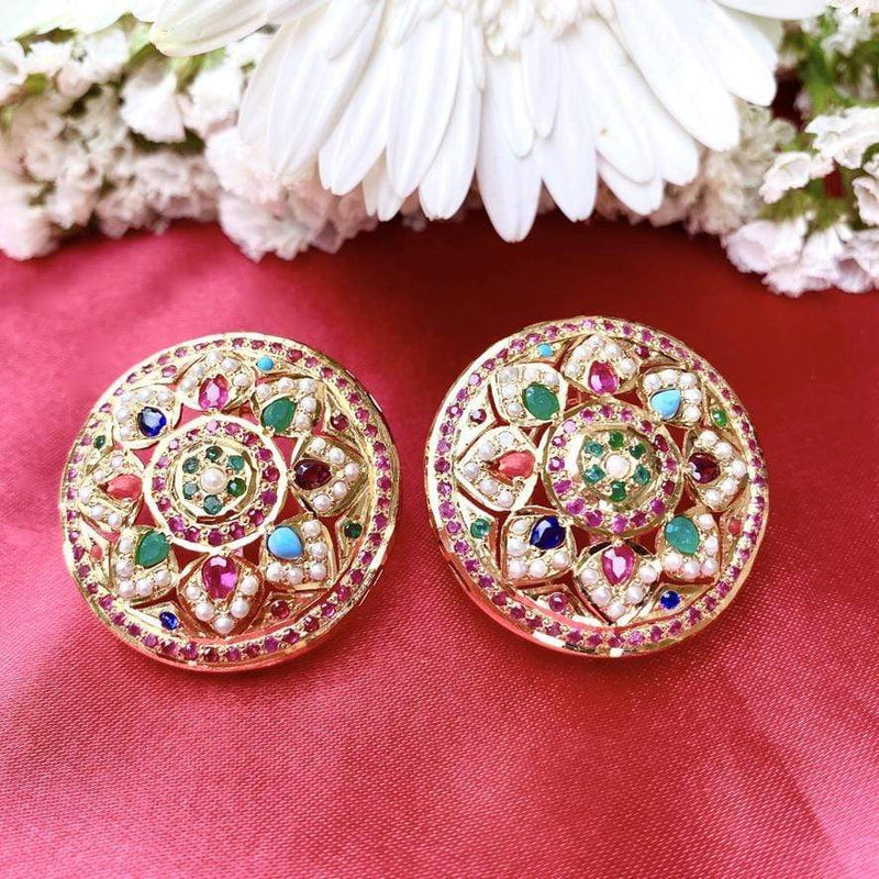 Navrattan Jadau Stud Earrings in Gold Plated Silver ER 185