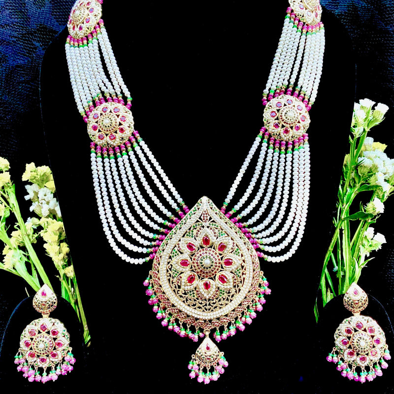Multicolored Jadau Rani Haar Necklace Set in Gold Plated Silver HR 006