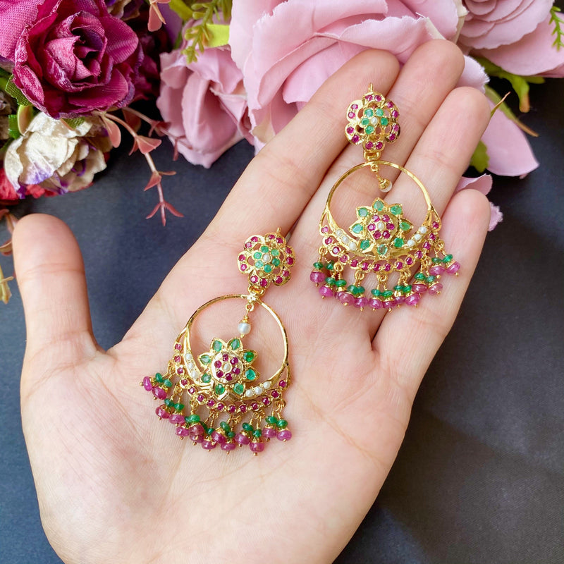 Multicolored Traditional Jadau Chandbali in Gold Plated Silver ER 197