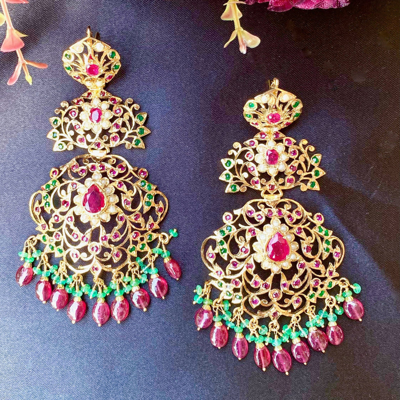 Multicolored Jadau Dangler Earrings in Gold Plated Silver ER 202