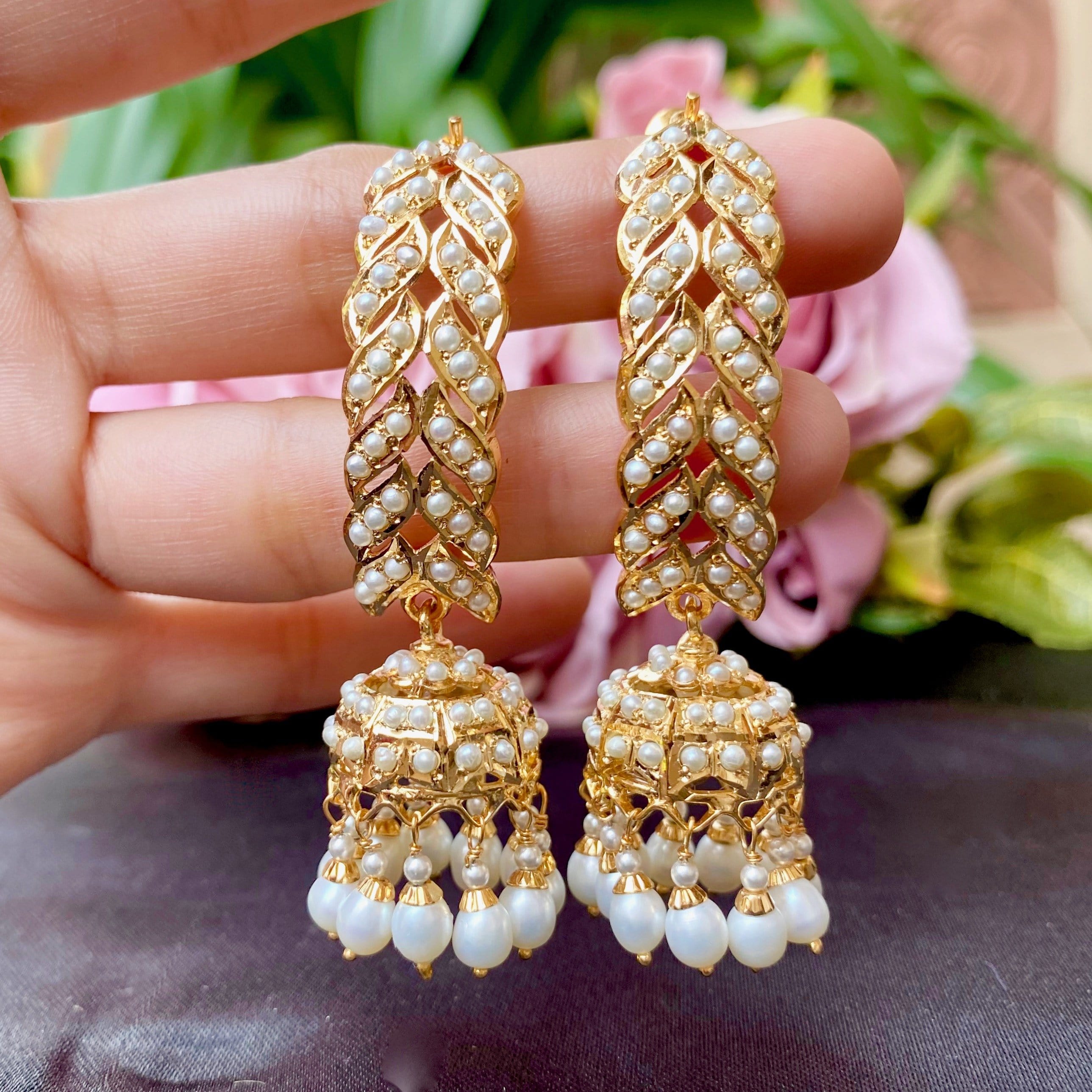 Pearl Jadau Jhumka Earrings in Gold Plated Silver ER 208 – Deccan Jewelry