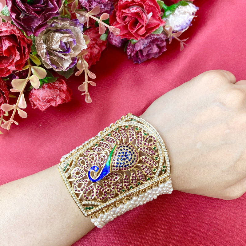 Traditional Punjabi Jadau Peacock Bracelet in Gold Plated Silver BG 026
